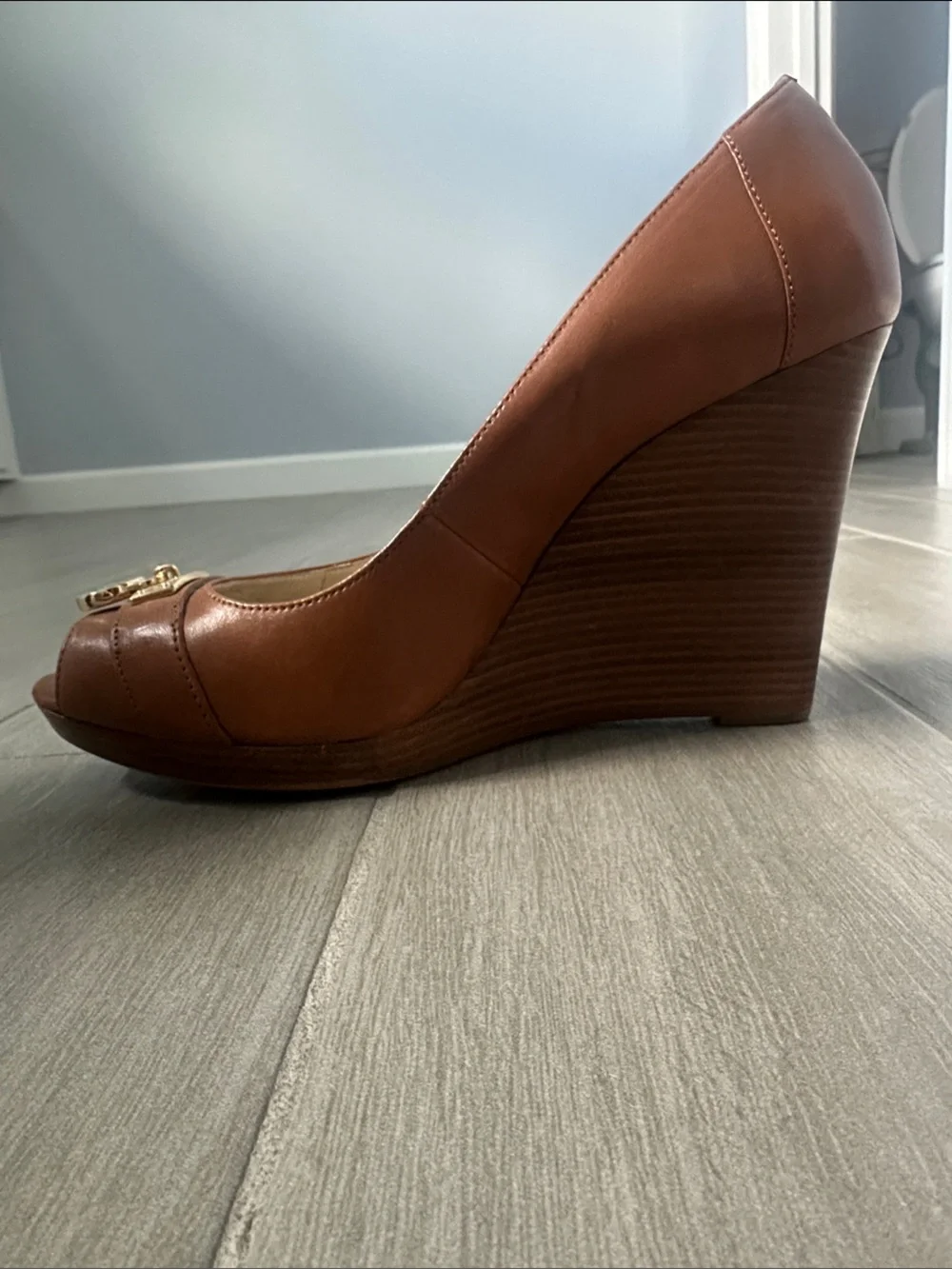 Michael Kors Cognac Leather Peep-Toe Platform Pumps with Gold Emblem
